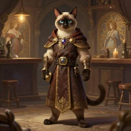 full body photograph of a male anthropomorphic siamese cat fursona cleric in a tavern, deep focus, intricate, elegant, highly detailed, digital painting, artstation, concept art, matte, sharp focus, illustration, d & d, fantasy, hearthstone, art by artgerm and greg rutkowski and alphonse mucha