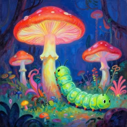 neon jungle, giant fluorescent fungi, giant caterpillars, colorful, painting by ralph mcquarrie