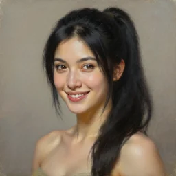 a _ fantasy _ style _ portrait _ painting _ of woman, ponytail black hair, smile, round face, rpg dnd oil _ painting _ unreal _ 5 _ daz. _ rpg _ portrait _ extremely _ detailed _ artgerm _ greg _ rutkowski _ greg