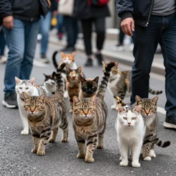 a photo of a group of felines in streetwalk protesting, realistic