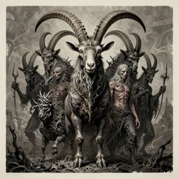 ultra detailed undead satanic goat masterpiece portrait by zdizslaw beksinski, josan gonzalez, h. r. giger, dan mumford, symmetrical, majestic, epic, organic matte painting, hard edges, screen printing poster