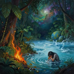 highly detailed surrealist painting of deep sadness alone, expressive emotional piece, trending on art station, emotional expression, lost in the jungle forrest tropical ocean fire water ice earth galactic cosmic nebula