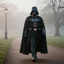 matte painting of darth vader strolling at hyde park, morning fog, volumetric lighting, high detail, realistic, 4 k, dreamy