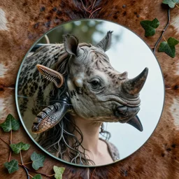 a portrait photo of a morphing human water reflection merged in a mirror in animal skin leather, grown together mirror reflection with spotted fur gills reflecting orca rhino scales, merged mirror reflection wires electronic ivy roots