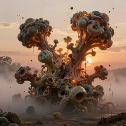 organic blobs and tendrils explode out ; beautifully lit by the sunset in mist ; by ferdinand knab and rembrandt van rijn ; very detailed, 3 d rendered matte painting unreal engine, inked cel edges