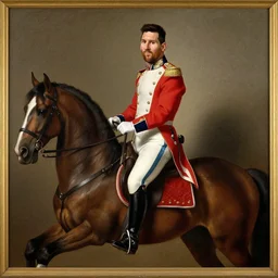 renaissance painting of messi dressed in grenadier clothing on horseback