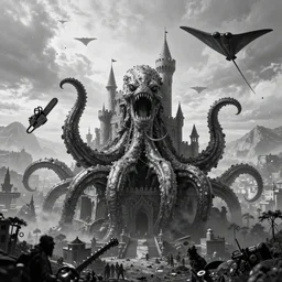 prometheus movie monster, highly detailed background, black and white, unkown city, haze, landscape, castle, 4 k, photograph, tentacles, chainsaw, manta ray, leviathan, distant mountains, clouds