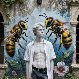 street art cloistered pale young man with shirt off, beside hornet, cinematic 8 k
