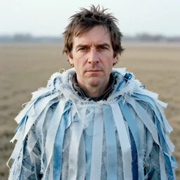 closeup portrait of a man with a cloak made of ribbons and ice, standing in an empty field, by Annie Leibovitz and Steve McCurry, natural light, detailed face, CANON Eos C300, ƒ1.8, 35mm, 8K, medium-format print