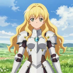isekai colorful sky cute heavily war armored anime queen wavy blonde hair, grass plains. symmetrical face. symmetrical detailed defined eyes. beautiful lineart. bokeh pixiv # 1 ranking depth focus, chromatic aberration, noise, soft lighting, srgb, 4 k, cinematic rembrant kuvshinov ross tran john sargent leyendecker wlop guweiz