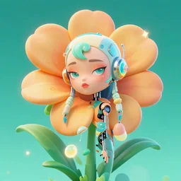 beautiful cartoonish futuristic flower cyborg woman