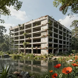 a beautiful photorealistic rendering of abandoned nature architecture parking garage industrial architecture building by alvaro leite siza vieira, flowers cyberpunk forest lightpaint poppy scumm bar assassin's creed hyperrealism lake wilderness, archdaily, wallpaper, highly detailed, trending on artstation.