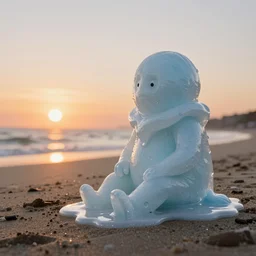 a golem made of ice cream on a beach at sunset, golem melting, sitting at beach looking to sunset, by kurzgesagt