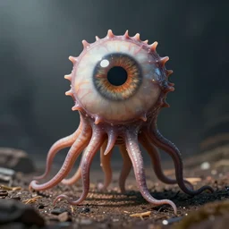 hyper - realistic eyeball walking around on leg tentacles made from optic nerve