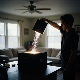backlit photograph of black box pouring energy into suburban room, silhouetted figure, crisp focus, 3 5 mm ektachrome