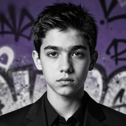 highly detailed closeup portrait of cool black hair short, young teen, black suit by atey ghailan, by greg rutkowski, by greg tocchini, by james gilleard, by joe fenton, by kaethe butcher, gradient dark purple, black and white color scheme, grunge aesthetic!!! ( ( graffiti tag wall background ) )