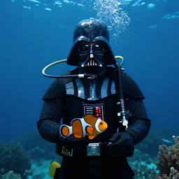 Darth Vader as a deep sea diver, posing with a clown fish