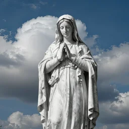 black and white virgin mary rendered with blue sky and volumetric clouds