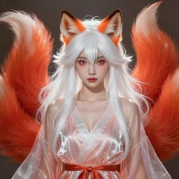 prompt A beautiful portrait of a white red orange kumiho, translucent silky dress, close up, fullface, long clumpy hair in the shape of fox tail, backlit, concept art, matte painting, by Peter Mohrbacher