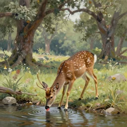 A deer drinking water from a stream with a beautiful oak forest in the background ground,it is noon, beautiful painting