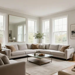 a living room filled with furniture and lots of windows, featured on pexels, hall of mirrors