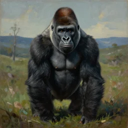 haunted surrealist painting of a gorilla, landscape background, oil painting