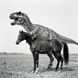 t rex and a horse wearing high heels, strange, black and white photograph, 1 8 5 0 s
