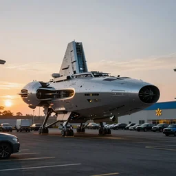 the dawn of the mothership of future existence, in a walmart parking lot in the style of ikeuchi hardware, artstation 4k hd dynamic