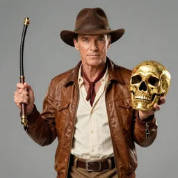 roger moore as indiana jones holding a whip in left hand and holding a golden mayan skull in the right hand, grey background, hyperdetailed, artstation, cgsociety, 8 k