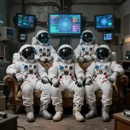 a group of people, each person is wearing spacesuit costume, sitting on an old couch in an old room with dusty antique furniture all around, very detailed, cyberpunk wires and oled monitors on the walls, digital displays and holographic projections, ultrarealistic, dramatic lighting, electrical details, high details, 4 k, 8 k, best, accurate, trending on artstation, artstation, photo