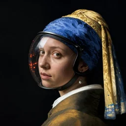 a woman's face in profile, glass helmet, embers, in the style of the dutch masters and gregory crewdson, dark and moody
