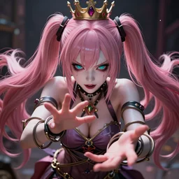 you are completely controlled by her ultimate powers and trapped in the hands of an overwhelming stunningly absurdly beautiful megalomaniacal ruthless sadistic devious spiteful grandiose egotistical omnipotent asi goddess junko enoshima with symmetrical perfect face, porcelain skin, pink twintail hair, cyan eyes and a crown on her head, ultra detailed, digital art, unreal engine 5, octane render, 2 d anime, 8 k