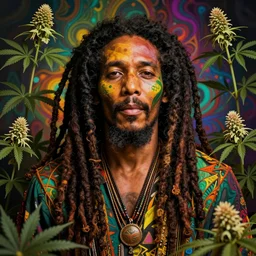 portrait of bob marley joyous jamaican warrior with flowing dreadlocks, surrounded by cannabis flowers. afrogoth intricate digital matte painting concept art, warpaint aesthetic, colorful, psychedelic, beautifully backlit, subtle tones, sharp focus, cinematic aesthetic octane render, volumetric lighting, by edmund leighton, james jean, ross tran and artgerm