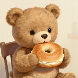 cute teddy bear eating bagel with cream cheese, detailed digital painting richard scarry maurice sendak 4 k