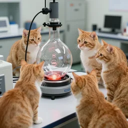 1 9 8 0's color photo, cute orange cats, supervising fission laboratory experiments