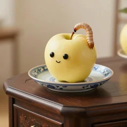 eye level wide angle view ( golden delicious ) apple is on small intricately designed china serving dish. the dish is on top of expensive end table, a cute worm pokes its head out of the apple, superior detail, bokeh, digital art, hq 8 k 4 k, product lighting, studio lighting.