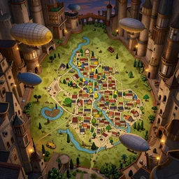 a medieval map of simpsons springfield, airships passing through it's alleyways, evening lighting, fantasy, steampunk, artstation, concept art, intricate, in style of greg rutkowski