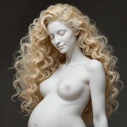 A pregnant albino woman with closed eyes smiling, very detailed sharp angular masculine face, hooked nose and square jaw long fluffy curly blond hair, (12x) extremely pale white skin, light blond hair, gorgeous, beautiful, intricate, highly detailed, digital painting, artstation, concept art, sharp focus, illustration, art by greg rutkowski and alphonse mucha