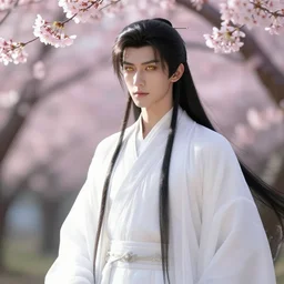 a young beautiful prince, golden eyes, long black hair, white hanfu, elegant, intricate, backlit, incredible lighting, strong rim light, subsurface scattering, hyper realistic anime, beautiful landscape, cherry trees, highly detailed digital painting, by Heise Jinyao, Heise-Lian Yan Fang, Feimo, Rossdraws, Sakimichan HDRI, vivid colors, high contrast, unreal engine, cgsociety, octane render, trending on artstation, 8k
