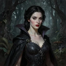 painted portrait of female vampire, standing in dark ancient fantasy forest, upper body, fantasy intricate elegant extremely detailed digital painting trending artstation concept art sharp focus illustration art by gustave courbet greg rutkowski craig mullins