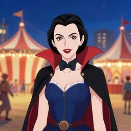 summer night, city circus carnival, portrait of young female vampire, very coherent and colorful high contrast art, art by simon stalenhag, floralpunk screen printing woodblock, pastel color, hard lightings
