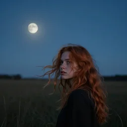 in the near dark of twilight, as the waning moon began to rise, a young woman turned her head swiftly towards a faint glow in the distance, disturbing her frizzy, ginger locks.
