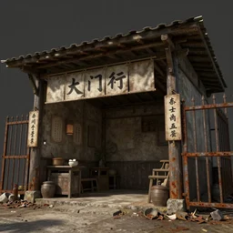 a concept art illustration, portrait, an empty asian shack, a store with a mechanical rusty fence, low angle shot, style by dylan cole and feng zhu and wlop, unreal engine, trending in artstation, octane render, ultra sharp, 8 k