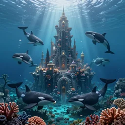 civilization underwater created by orcas, submerged city made with coral and rock by killer whales, epic illustration