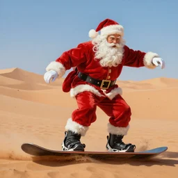 beautiful lifelike studio painting of santa riding a snowboard!!!!! in the sahara desert. beautiful perfectly shaded cinematic lighting, trending on artstation, greg rutkowski, hyper detailed, 4 k, high quality, smooth, sharp focus