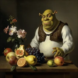 dutch golden age still life, fruits still life, shrek still life, otto marseus van schrieck still life, dutch golden age painting, dramatic lighting, cinematic lighting, willem van aelst still life, elias van den broeck painting still life, christiaen striep still life, rachel ruysch flowers, oil on canvas