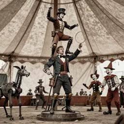 colorized 1 9 1 0 close - up photo of a steampunk circus with acrobatic stunts inside a circus tent. mechanical ringmaster, robotic animals, mechanized clowns.