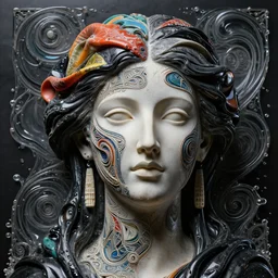 3 d head macro photography intricate portrait of the face of a beautiful goddess mixed with black fluid and color blankets, midsommar style, intricate, elegant, classicism. abstract sculpture. surrounded with art deco swirls water energy flow. highly detailed. octane render, excellent composition, by wlop, tooth wu, greg rutkowski, kandinski