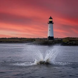 lonely lighthouse stands near the river in which the sirens are splashing, red sky, more details