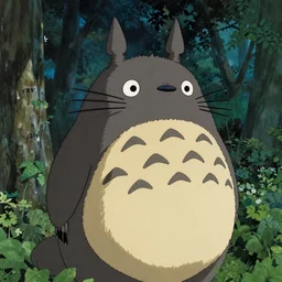 Cinestill 50d, 8K, highly detailed, studio ghibli totoro style 3/4 extreme closeup portrait, eye contact, focus on model, tilt shift zaha hadid style forest background: famous totoro remake, forest scene